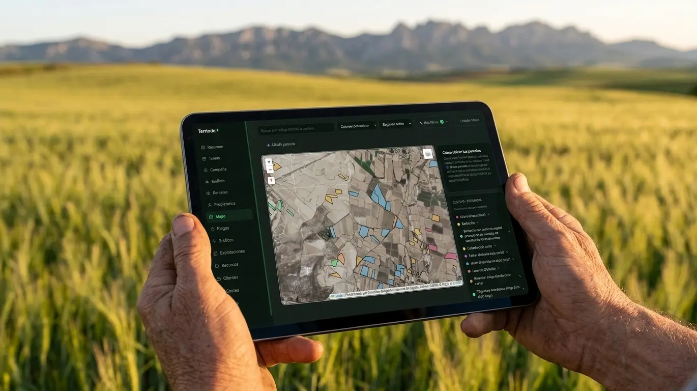Terrinde abierto en una tablet, con el mapa de parcelas sobre un campo de cereal